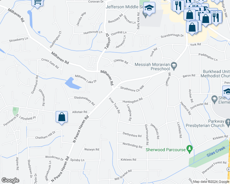 map of restaurants, bars, coffee shops, grocery stores, and more near 1085 North Peace Haven Road in Winston-Salem