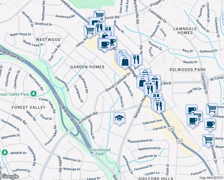 map of restaurants, bars, coffee shops, grocery stores, and more near 2802 David Caldwell Drive in Greensboro
