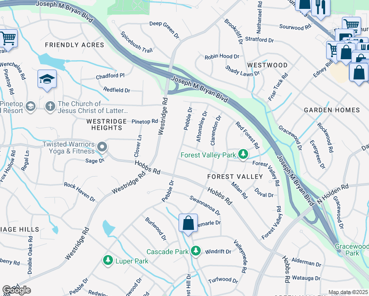 map of restaurants, bars, coffee shops, grocery stores, and more near 2006 Pebble Drive in Greensboro
