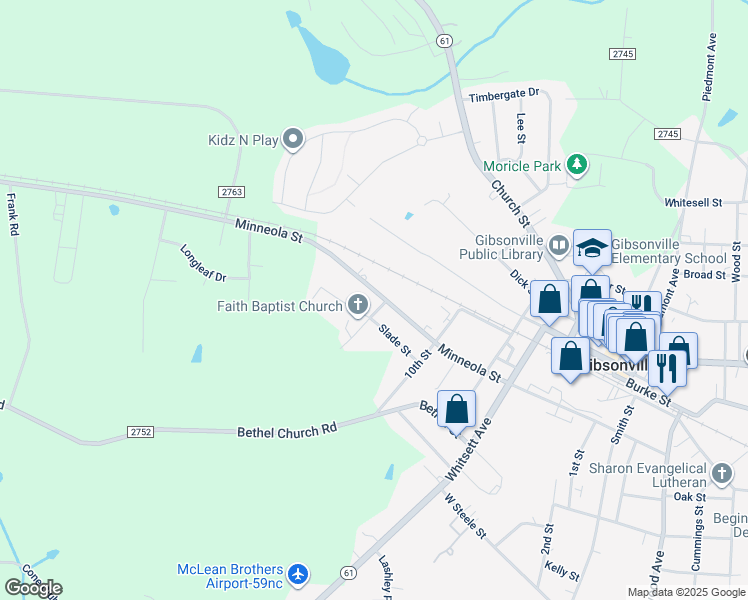 map of restaurants, bars, coffee shops, grocery stores, and more near 601 West Minneola Street in Gibsonville