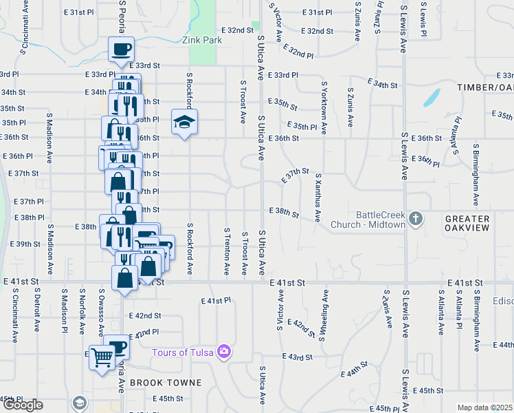 map of restaurants, bars, coffee shops, grocery stores, and more near 3732 South Utica Avenue in Tulsa