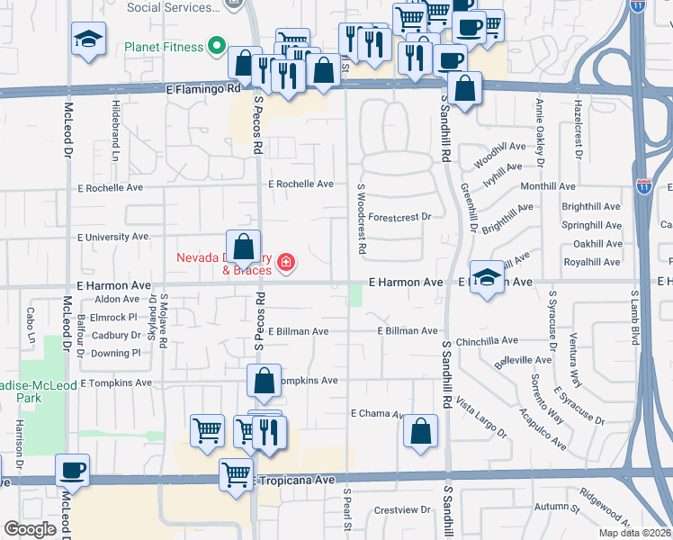 map of restaurants, bars, coffee shops, grocery stores, and more near 3612 East Harmon Avenue in Las Vegas