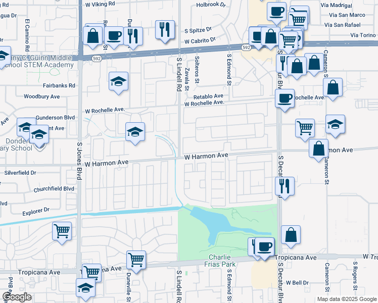 map of restaurants, bars, coffee shops, grocery stores, and more near 5499 Indian River Drive in Las Vegas