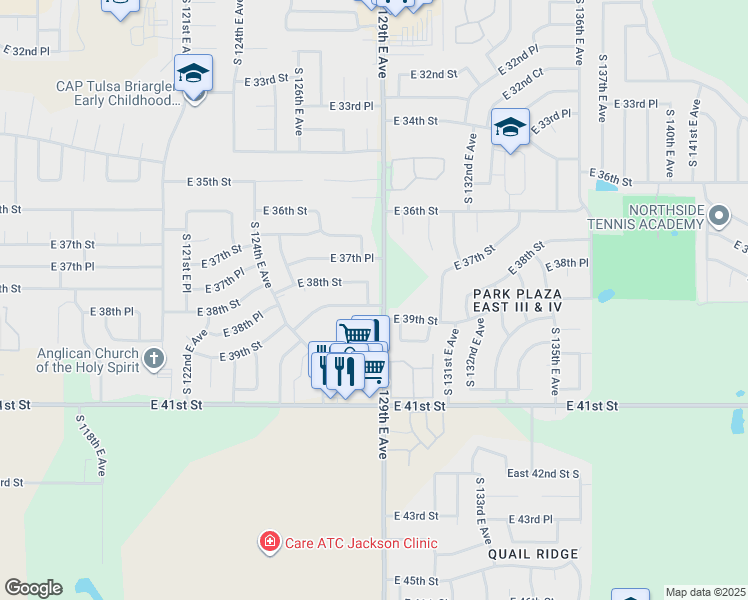 map of restaurants, bars, coffee shops, grocery stores, and more near 12805 East 39th Street in Tulsa