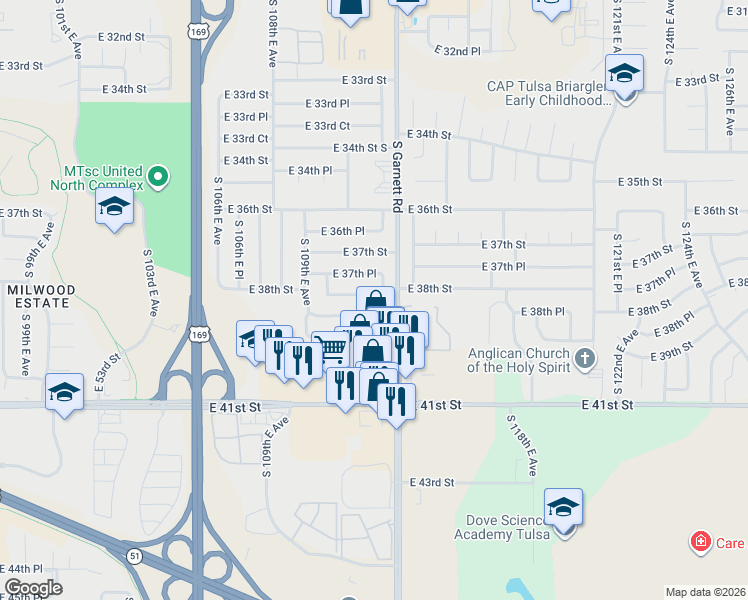 map of restaurants, bars, coffee shops, grocery stores, and more near 3811 East 59th Street in Tulsa