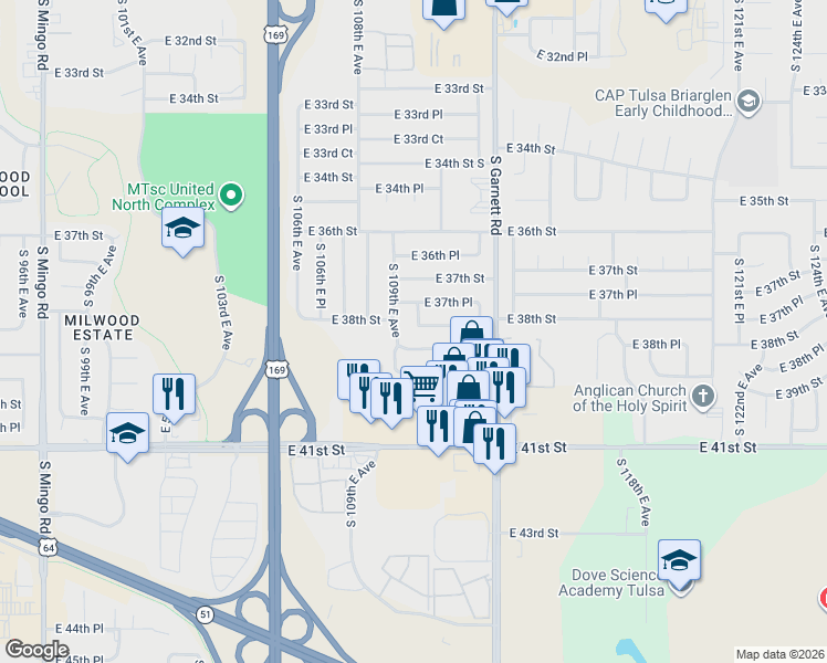 map of restaurants, bars, coffee shops, grocery stores, and more near 3720 South 110th East Avenue in Tulsa