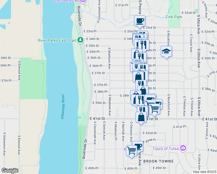 map of restaurants, bars, coffee shops, grocery stores, and more near 956 East 37th Place in Tulsa