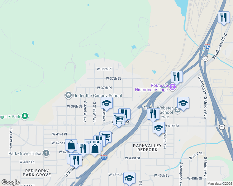 map of restaurants, bars, coffee shops, grocery stores, and more near 3749 South 28th West Avenue in Tulsa