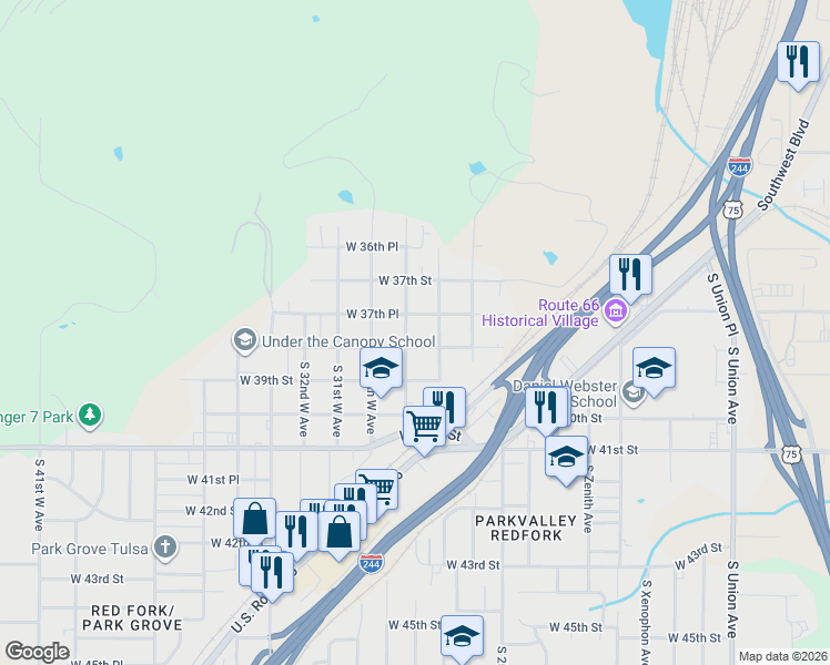 map of restaurants, bars, coffee shops, grocery stores, and more near 3749 South 28th West Avenue in Tulsa
