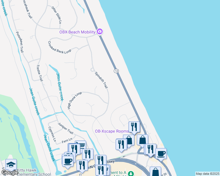 map of restaurants, bars, coffee shops, grocery stores, and more near 56 Spindrift Trail in Kitty Hawk
