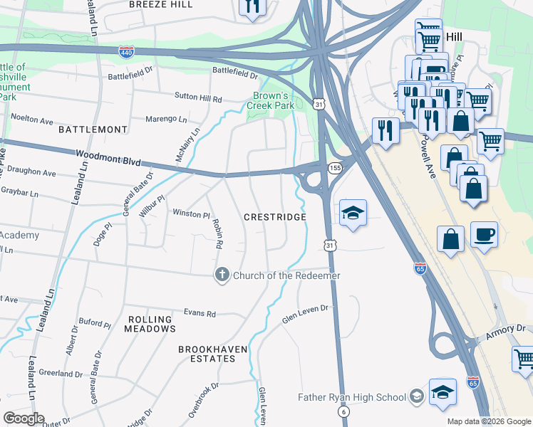 map of restaurants, bars, coffee shops, grocery stores, and more near 3528 Crestridge Drive in Nashville