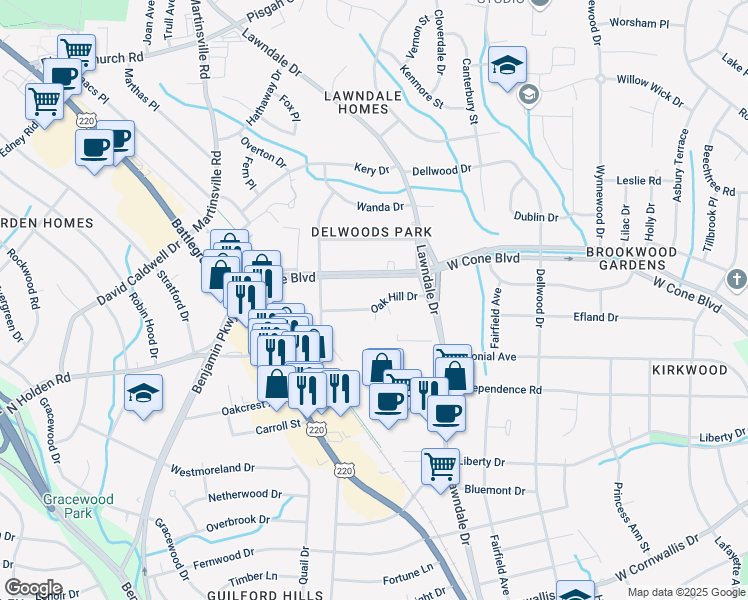 map of restaurants, bars, coffee shops, grocery stores, and more near 2216 Oak Hill Drive in Greensboro