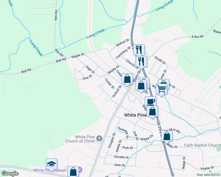 map of restaurants, bars, coffee shops, grocery stores, and more near 1525 Cedar St in White Pine