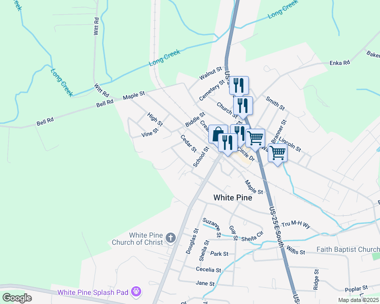map of restaurants, bars, coffee shops, grocery stores, and more near 1525 Cedar Street in White Pine