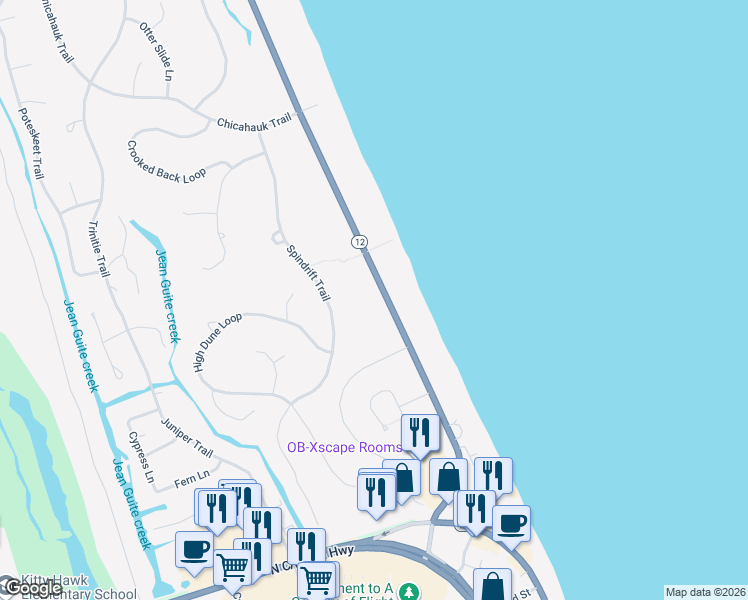 map of restaurants, bars, coffee shops, grocery stores, and more near 47 Ocean Boulevard in Kitty Hawk
