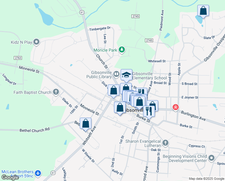 map of restaurants, bars, coffee shops, grocery stores, and more near 406 Little Avenue in Gibsonville