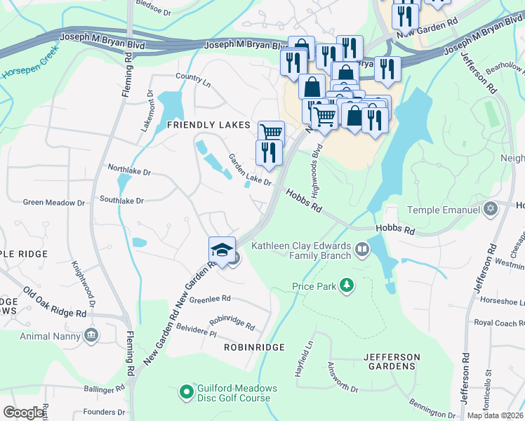 map of restaurants, bars, coffee shops, grocery stores, and more near 1429 New Garden Road in Greensboro