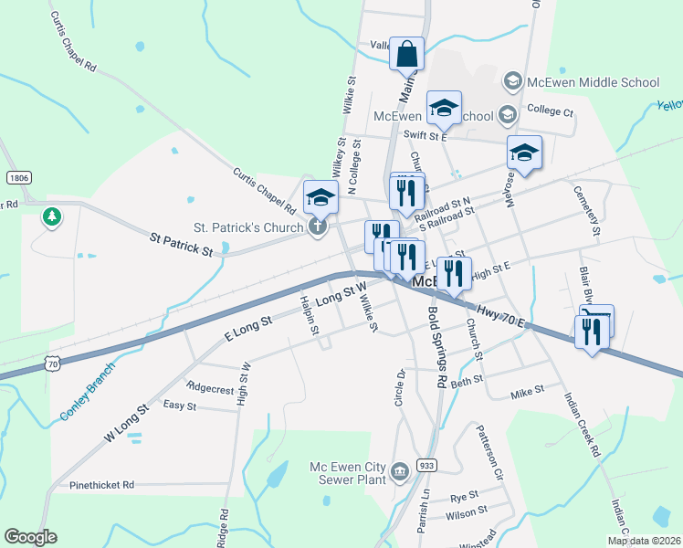 map of restaurants, bars, coffee shops, grocery stores, and more near 9325 Highway 70 East in McEwen