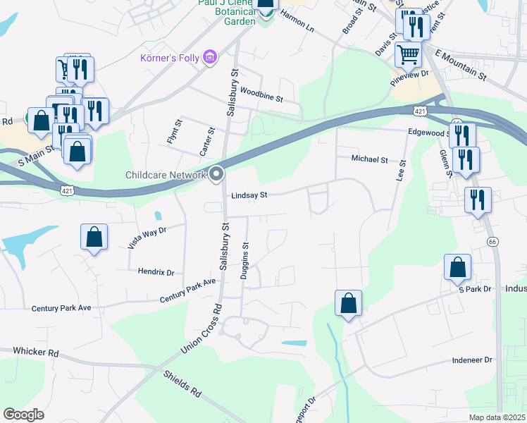 map of restaurants, bars, coffee shops, grocery stores, and more near 423 Dewey Street in Kernersville