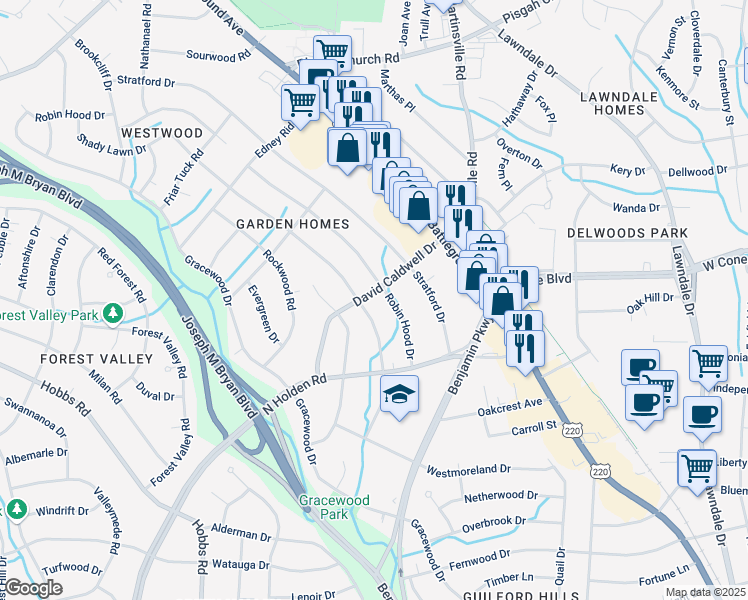 map of restaurants, bars, coffee shops, grocery stores, and more near 2802 David Caldwell Drive in Greensboro