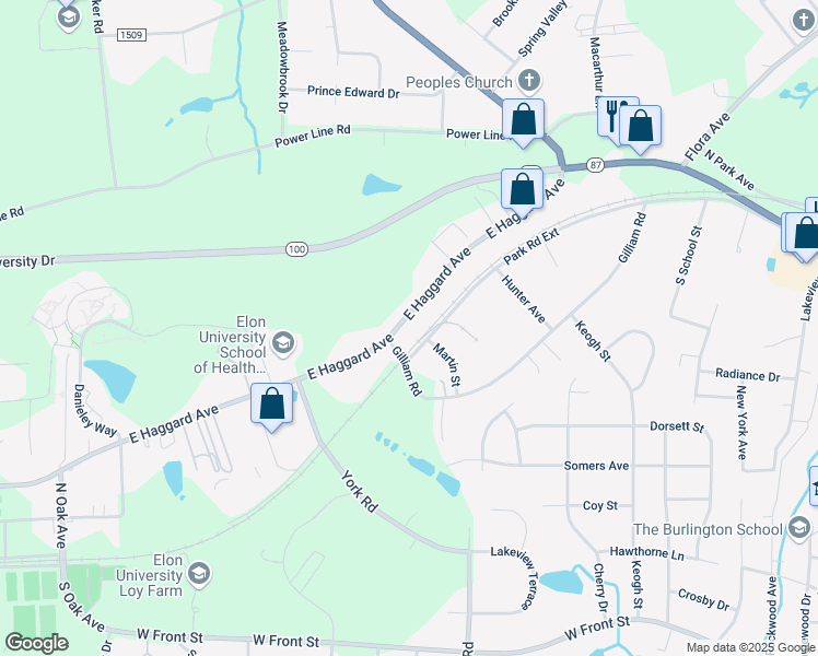map of restaurants, bars, coffee shops, grocery stores, and more near 907 East Haggard Avenue in Elon