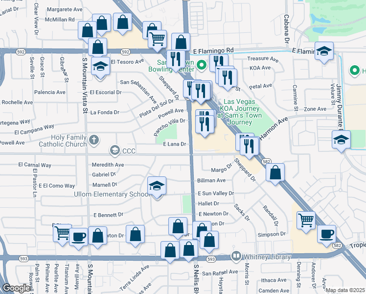 map of restaurants, bars, coffee shops, grocery stores, and more near 4959 East Lana Drive in Las Vegas