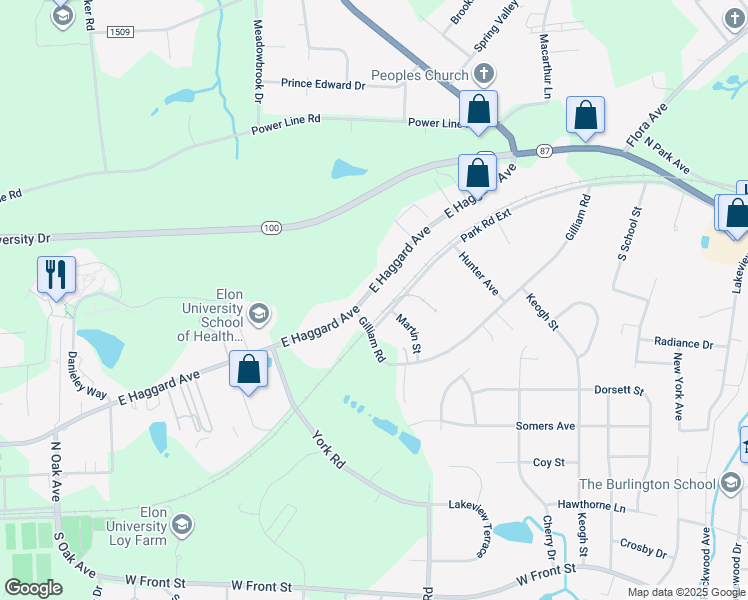 map of restaurants, bars, coffee shops, grocery stores, and more near 907 East Haggard Avenue in Elon