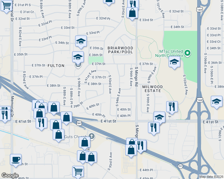 map of restaurants, bars, coffee shops, grocery stores, and more near 3826 South 93rd East Avenue in Tulsa