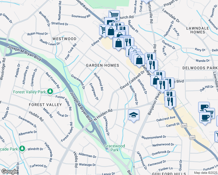 map of restaurants, bars, coffee shops, grocery stores, and more near 2707 Hill-N-Dale Drive in Greensboro