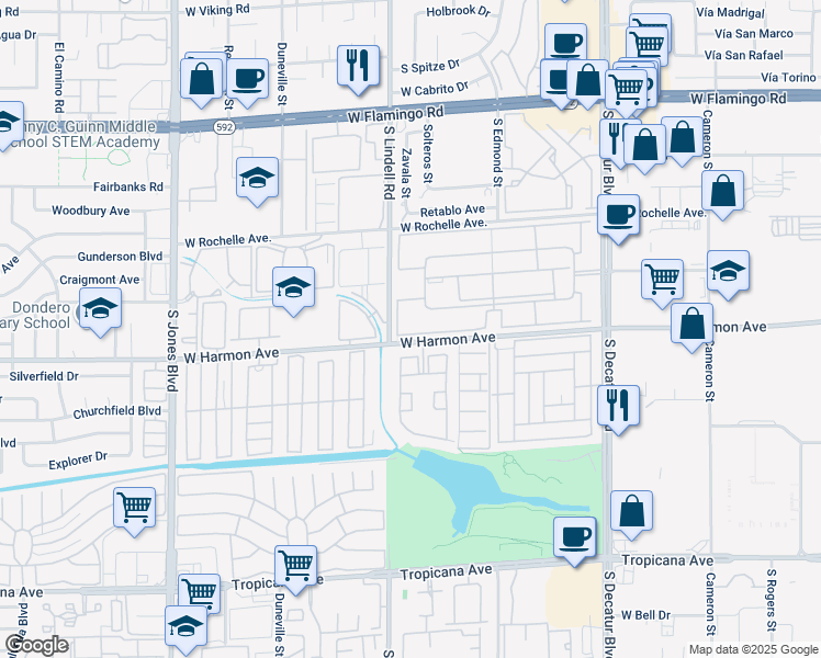 map of restaurants, bars, coffee shops, grocery stores, and more near 5499 Indian River Drive in Las Vegas