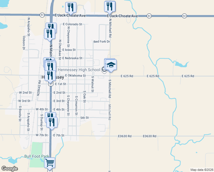 map of restaurants, bars, coffee shops, grocery stores, and more near 116 Mitchell Road in Hennessey
