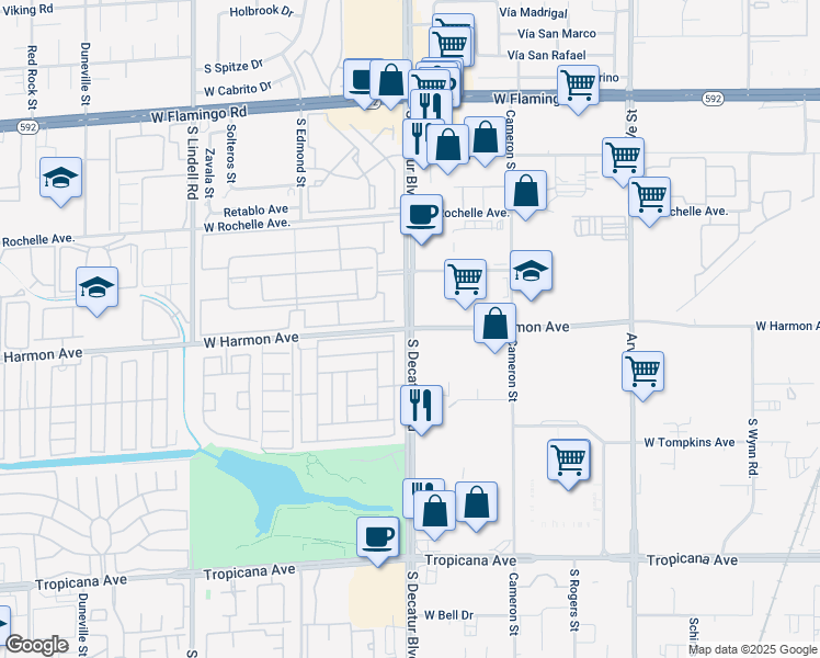 map of restaurants, bars, coffee shops, grocery stores, and more near S Decatur Blvd & W Harmon Ave in Las Vegas