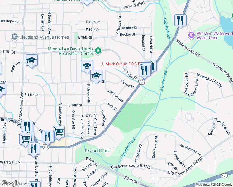 map of restaurants, bars, coffee shops, grocery stores, and more near 2300 Slater Avenue in Winston-Salem