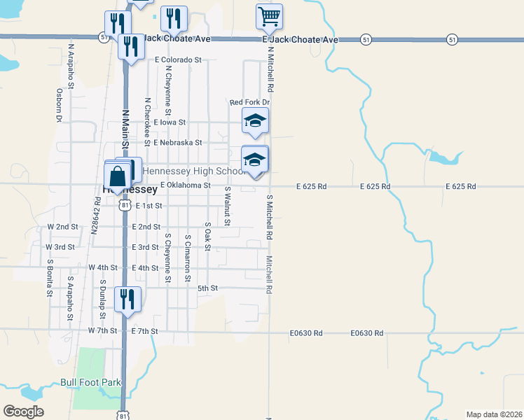 map of restaurants, bars, coffee shops, grocery stores, and more near 116 Mitchell Road in Hennessey