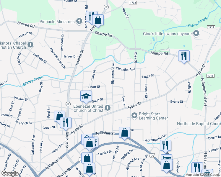 map of restaurants, bars, coffee shops, grocery stores, and more near 724 Richmond Avenue in Burlington