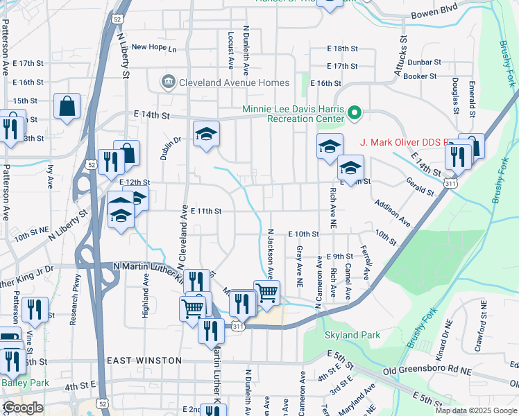 map of restaurants, bars, coffee shops, grocery stores, and more near 1100 North Jackson Avenue in Winston-Salem