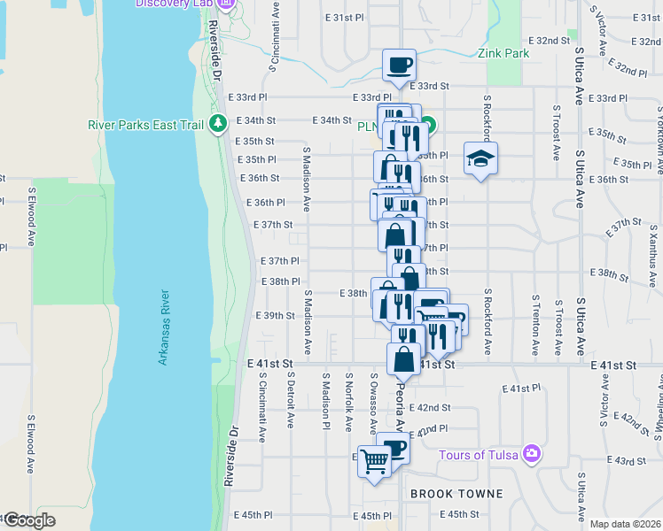 map of restaurants, bars, coffee shops, grocery stores, and more near 1027 East 38th Street in Tulsa