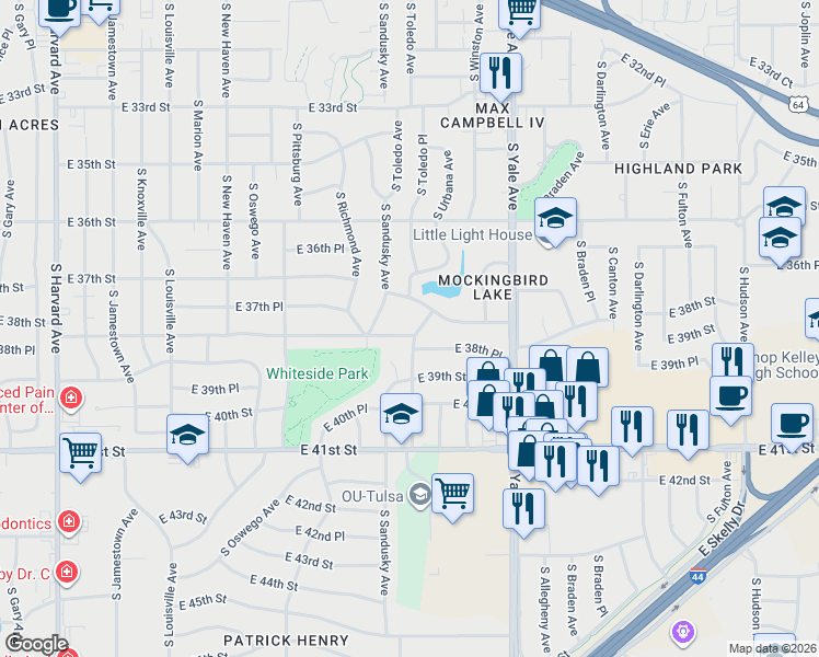 map of restaurants, bars, coffee shops, grocery stores, and more near 4445 East 38th Street in Tulsa