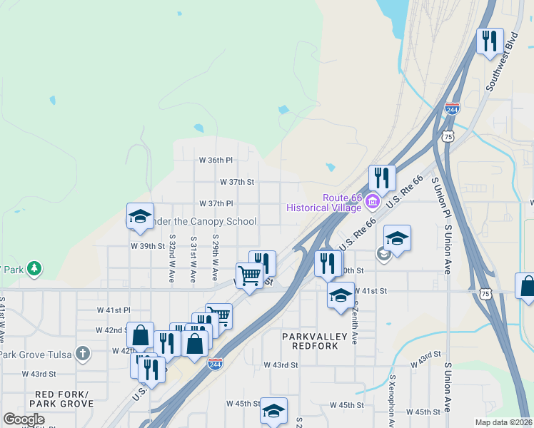 map of restaurants, bars, coffee shops, grocery stores, and more near 2617 West 38th Street in Tulsa