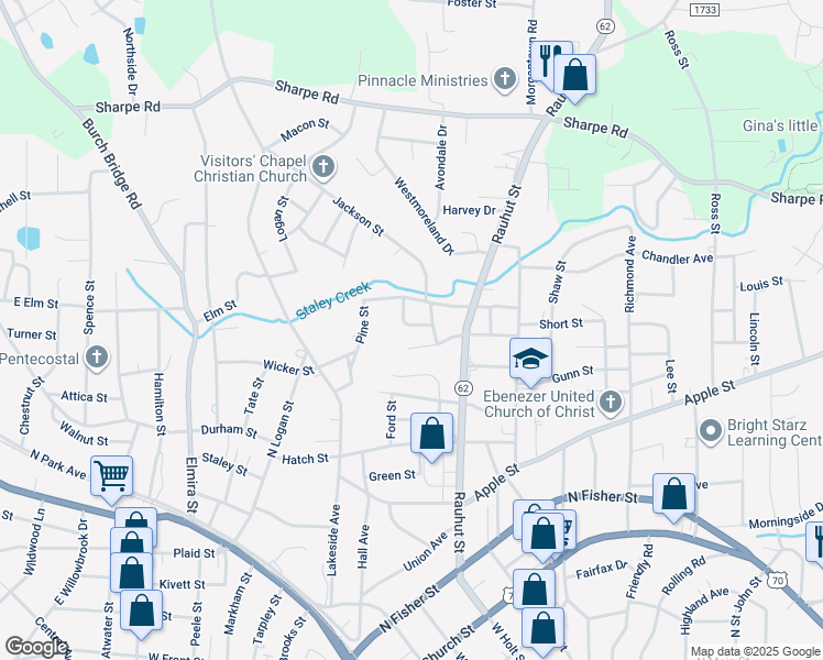 map of restaurants, bars, coffee shops, grocery stores, and more near 405 Hood Street in Burlington