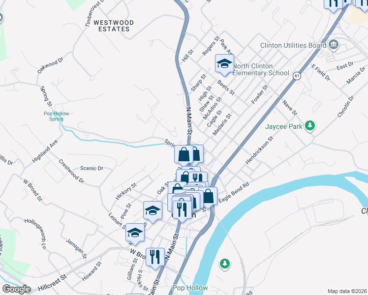 map of restaurants, bars, coffee shops, grocery stores, and more near 500 North Main Street in Clinton