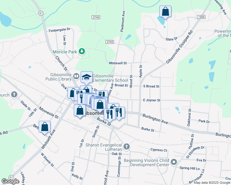 map of restaurants, bars, coffee shops, grocery stores, and more near 713 East Joyner Street in Gibsonville