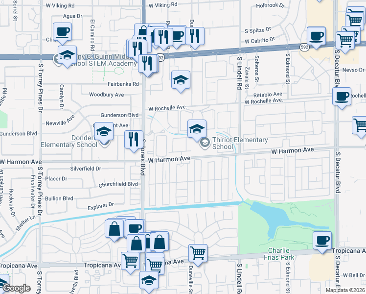 map of restaurants, bars, coffee shops, grocery stores, and more near 5870 West Harmon Avenue in Las Vegas