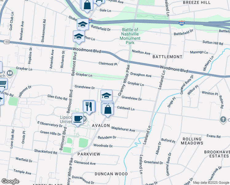 map of restaurants, bars, coffee shops, grocery stores, and more near 1207 Grandview Drive in Nashville
