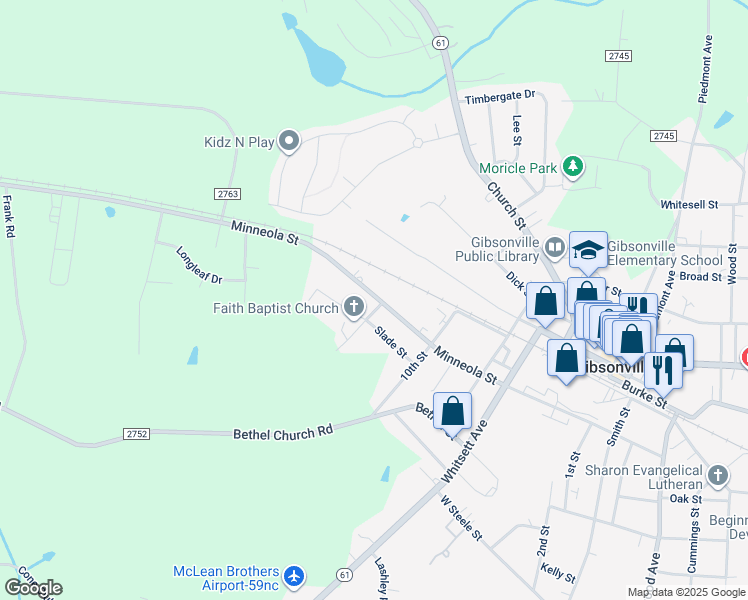 map of restaurants, bars, coffee shops, grocery stores, and more near 609 West Minneola Street in Gibsonville