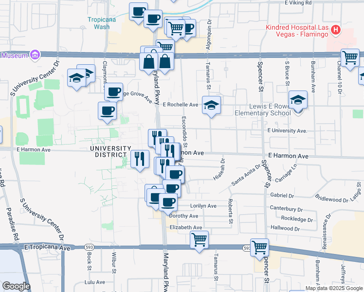 map of restaurants, bars, coffee shops, grocery stores, and more near 1105 Escondido Street in Las Vegas