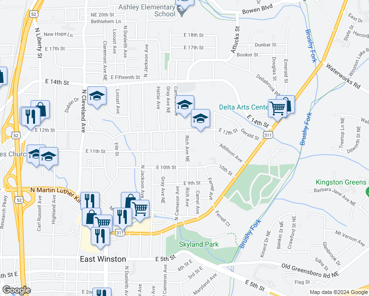 map of restaurants, bars, coffee shops, grocery stores, and more near 1100 Rich Avenue in Winston-Salem