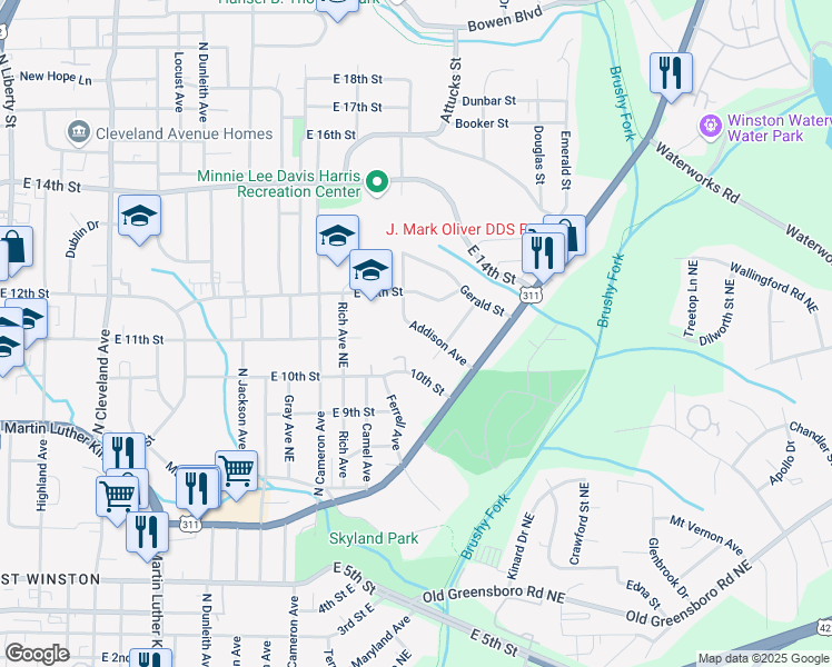 map of restaurants, bars, coffee shops, grocery stores, and more near 1150 Addison Avenue in Winston-Salem