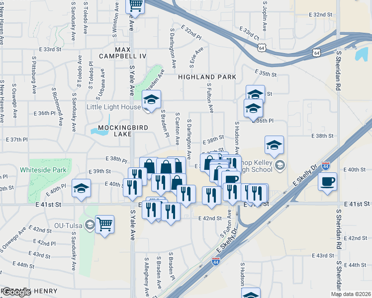 map of restaurants, bars, coffee shops, grocery stores, and more near 3814 South Darlington Avenue in Tulsa