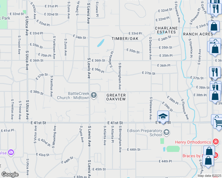 map of restaurants, bars, coffee shops, grocery stores, and more near 3739 South Atlanta Place in Tulsa
